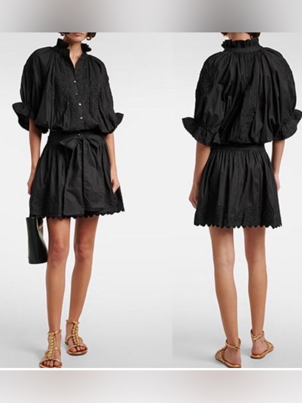 Juliet Dunn Black Poplin Blouson Dress Ric Rac Detail Mini sz 3/L Resortwear